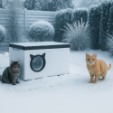 Polystyrénový zimný domček pre mačky so snehom a dvoma mačkami pred vstupom
