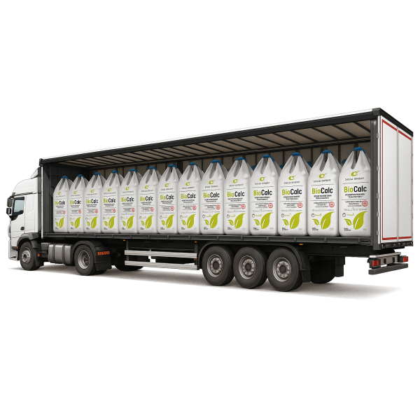 Náves 24 t naložený bigbagmi BioCalc pripravený na dopravu hnojiva.